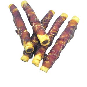 Duck wrapped stuffed rawhide twists